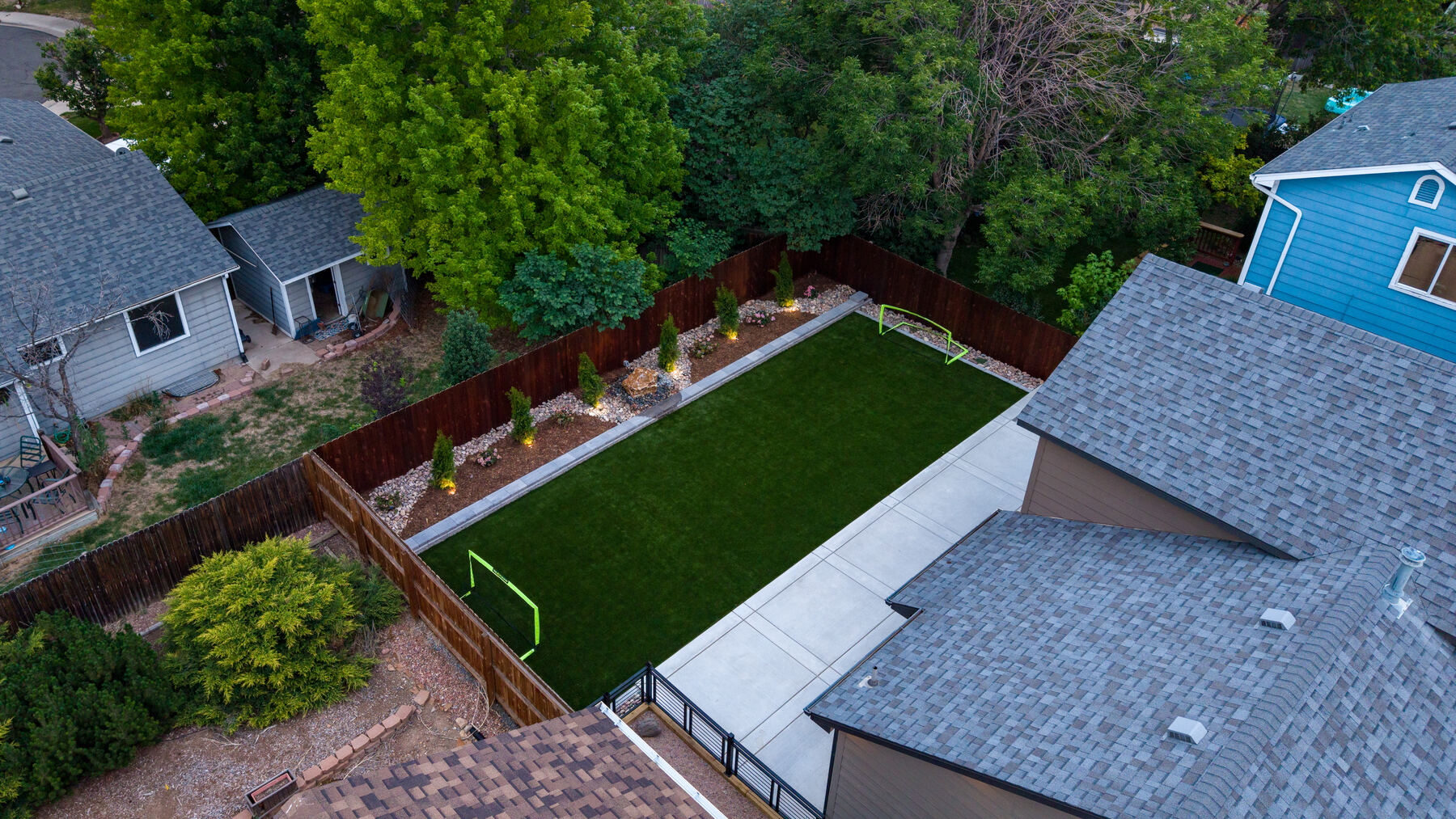 Full backyard lawn transformation from above