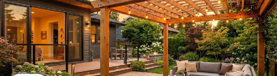 Wood pergola over a deck with outdoor seating