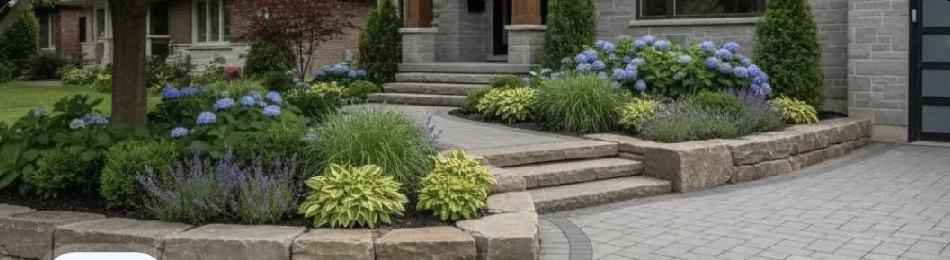 Custom front-yard landscape design with stone steps and plantings