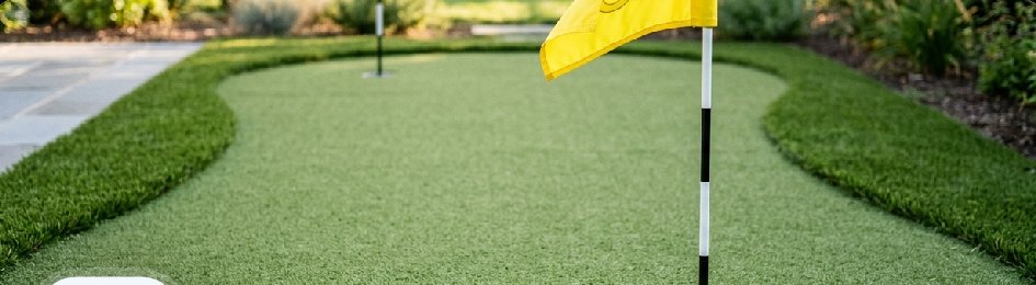 Backyard putting green with yellow flag and golf ball