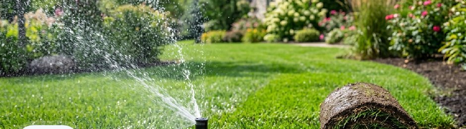 Sprinkler head watering a lush green lawn with fresh sod
