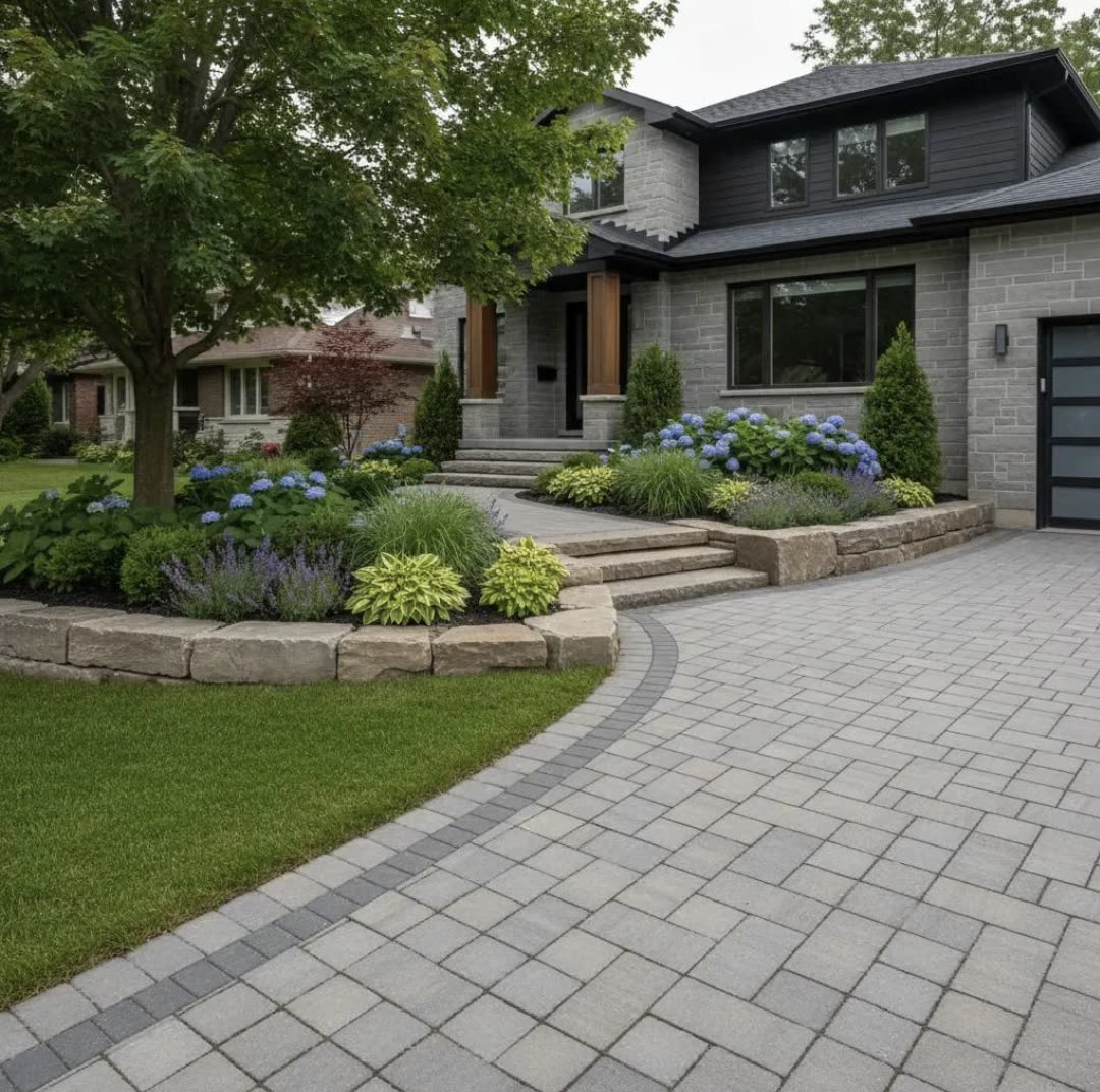 Modern front-yard landscaping and lit walkway