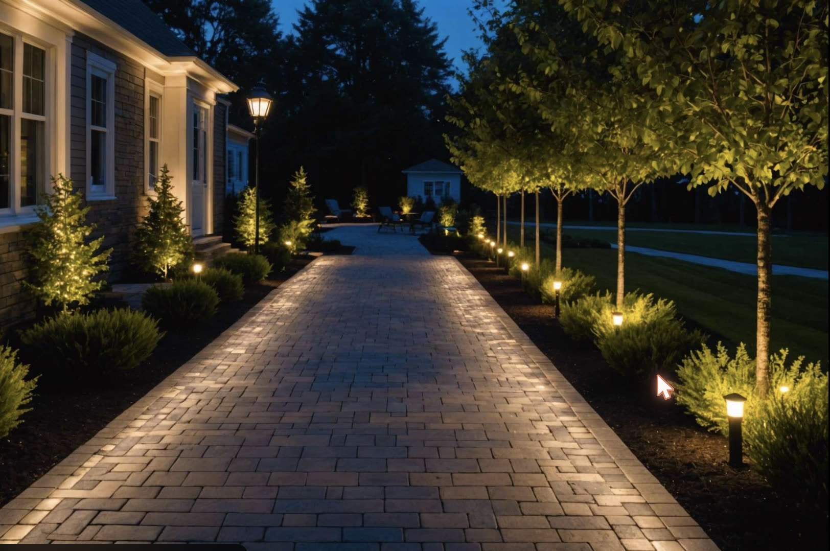 Paver walkway with landscape lighting at night