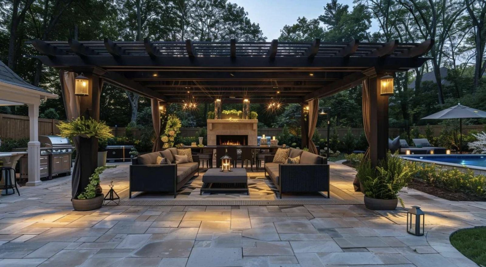 Pergola patio with fire pit